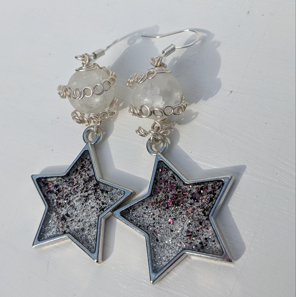 Quartz Crystal Silver Star Earrings Long Resin Handmade - Picture 4 of 8